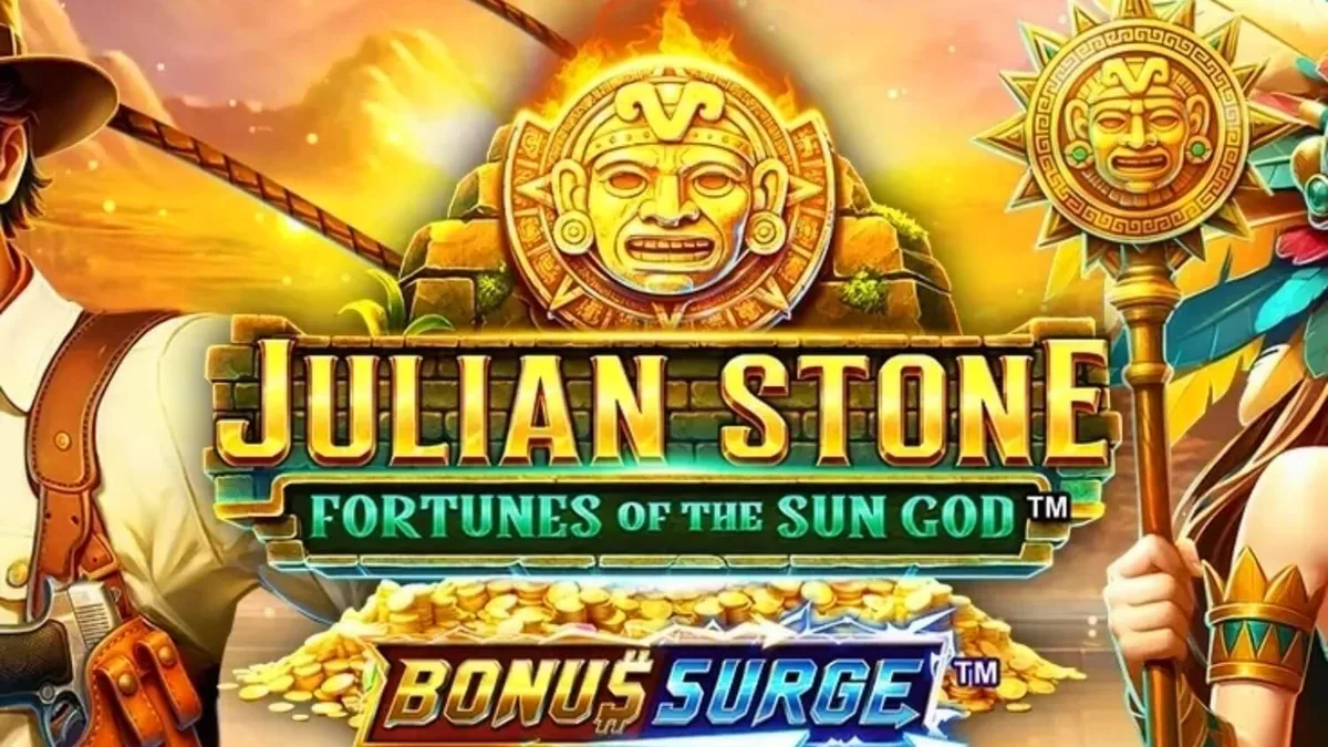 Julian Stone: Fortunes of the Sun God slot game interface featuring the explorer and Aztec ruins