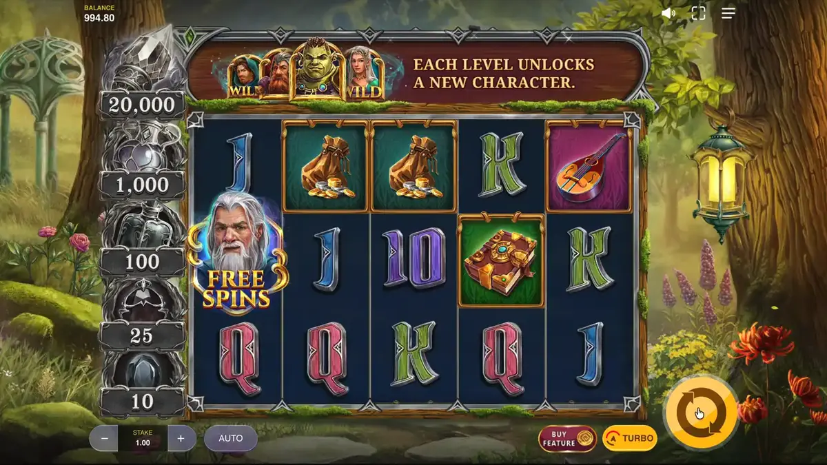 Pemandangan hutan mistis dan karakter utama dalam slot Land of Riches