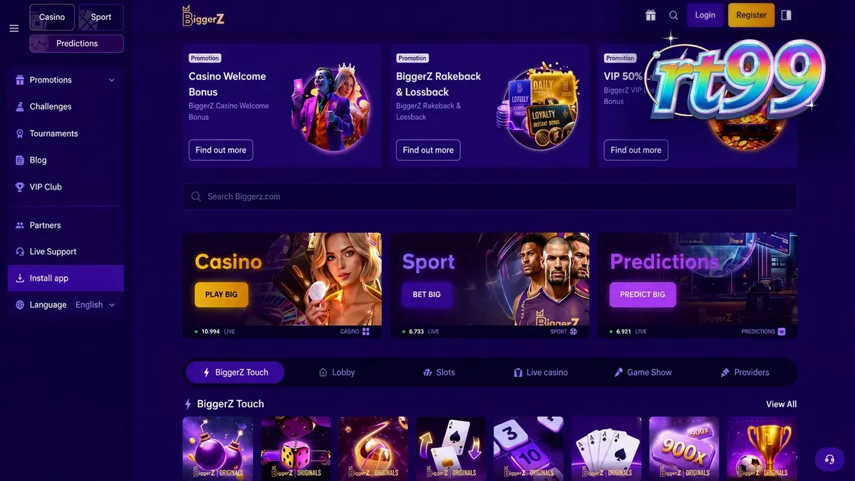 Antarmuka platform BiggerZ yang menampilkan integrasi kasino, taruhan olahraga, dan pasar prediksi dengan fokus pada transparansi.